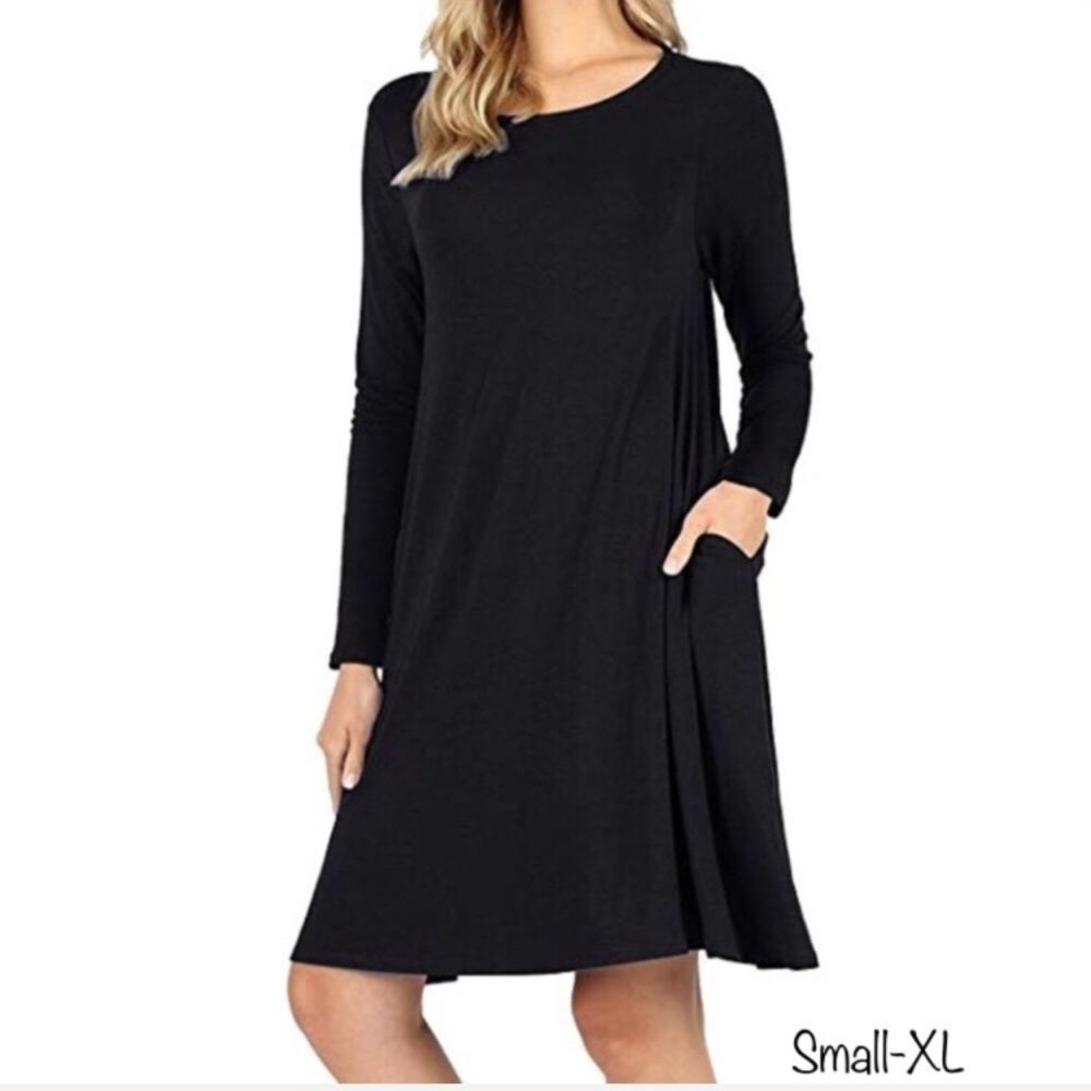 Black Long Sleeve Pocket T-Shirt Dress Tunic S, M, L, XL